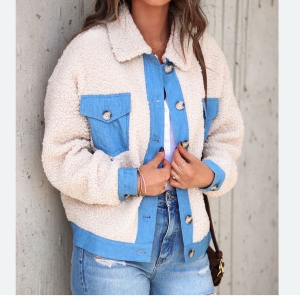 LUSH Sherpa Denim Jacket Cream Teddy Fleece Button Up Oversized Cozy L